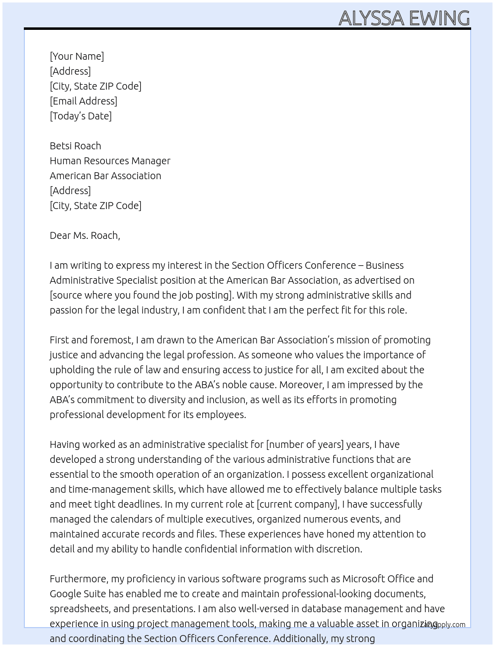 Section Officers Conference - Business Administrative Specialist At American Bar Association  Cover Letter