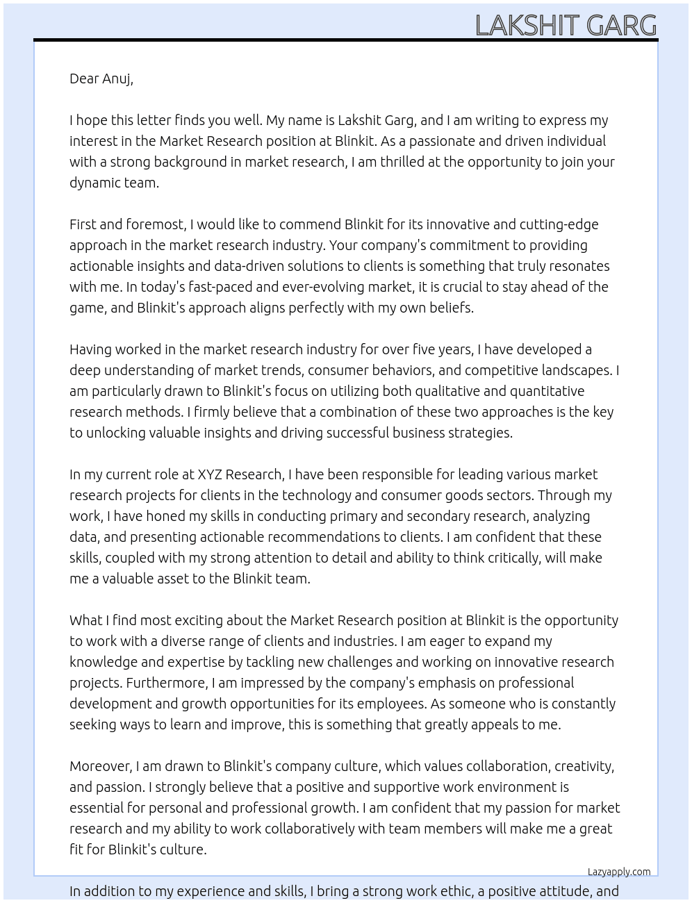 Market Research At Blinkit Cover Letter