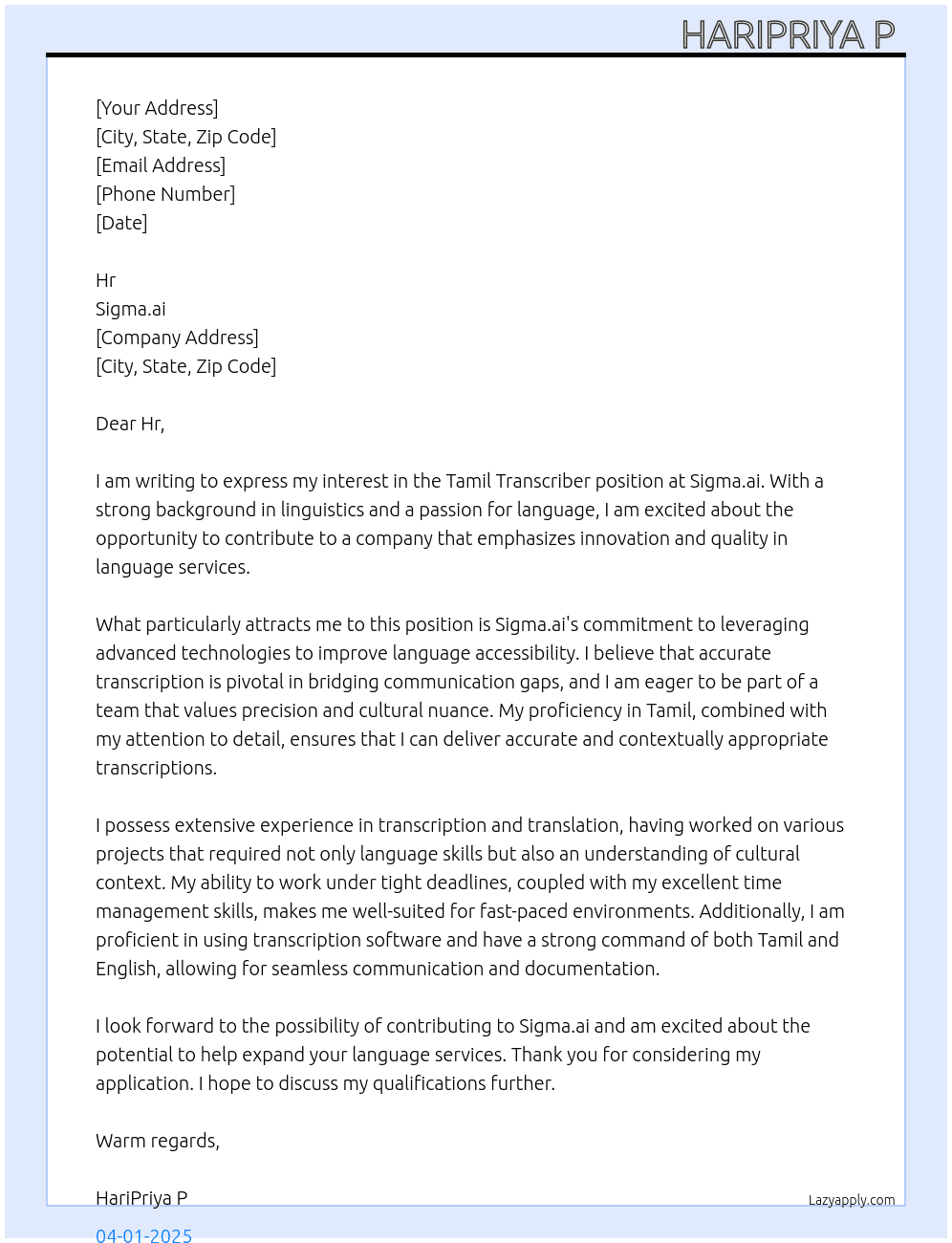 Tamil Transcriber At Sigma.ai Cover Letter