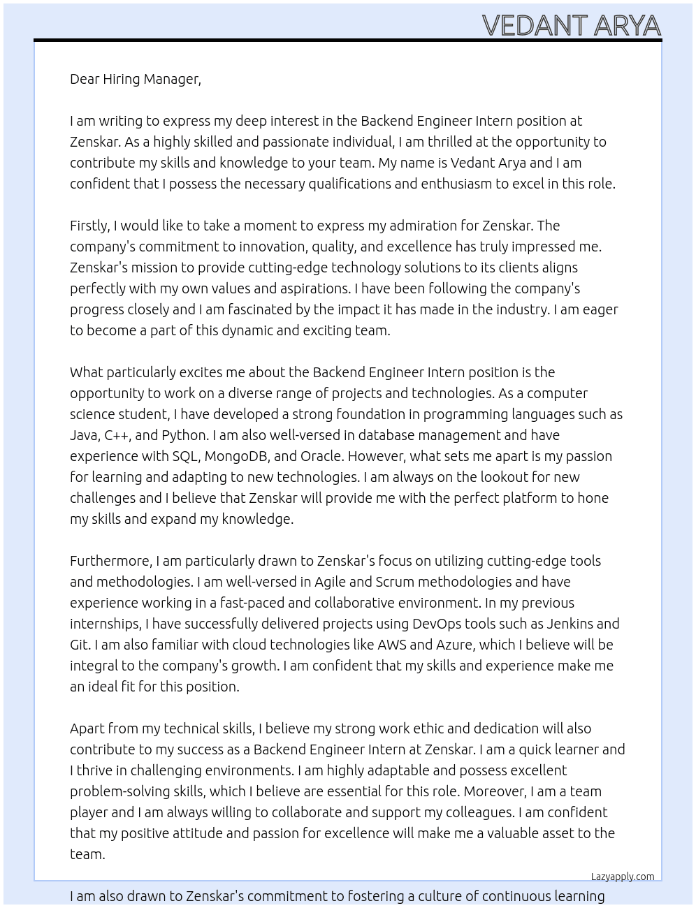Backend Engineer Intern At Zenskar Cover Letter