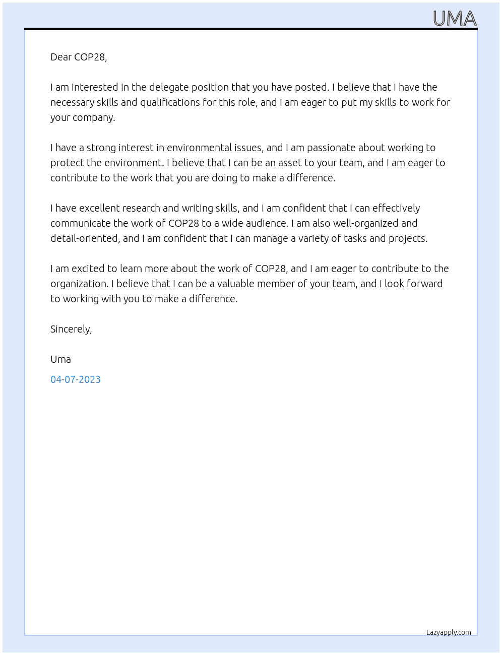 Delegate At COP28 Cover Letter
