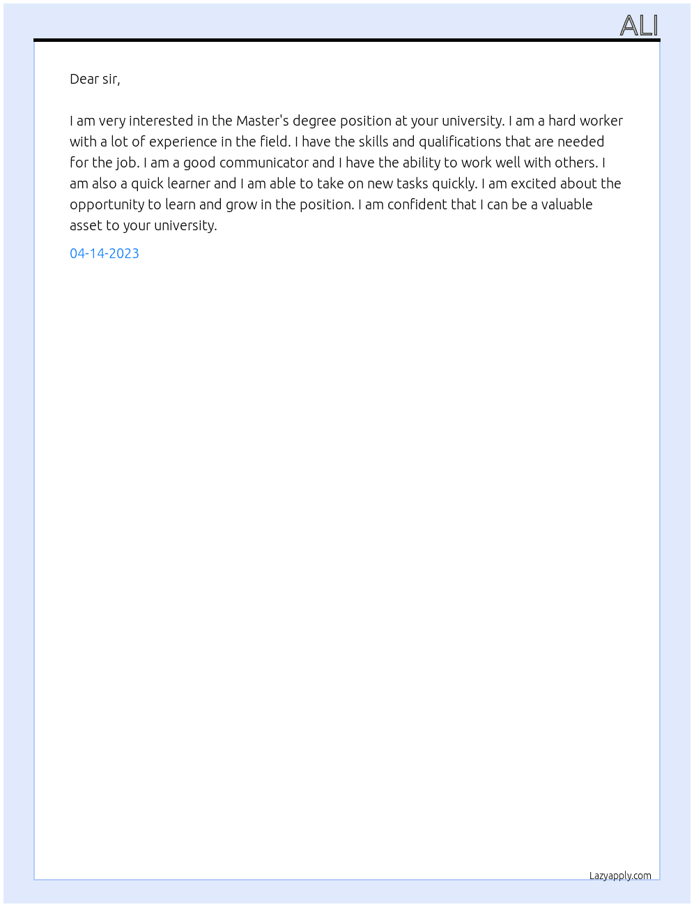 Master's degree At university Cover Letter
