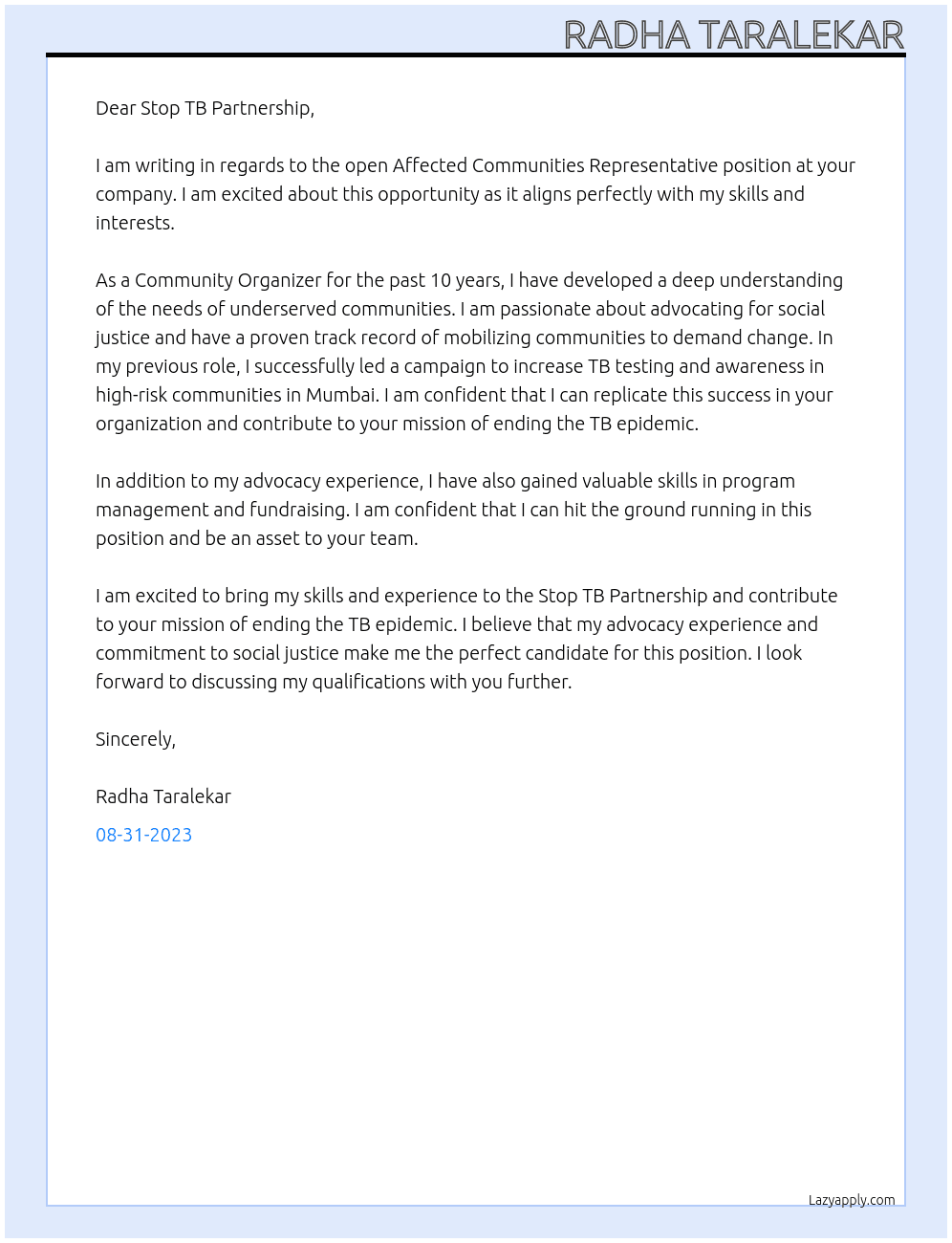 Affected Communities Representative At  Stop TB Partnership Cover Letter