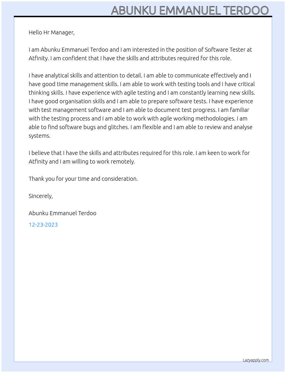 Software Tester  At Atfinity Cover Letter