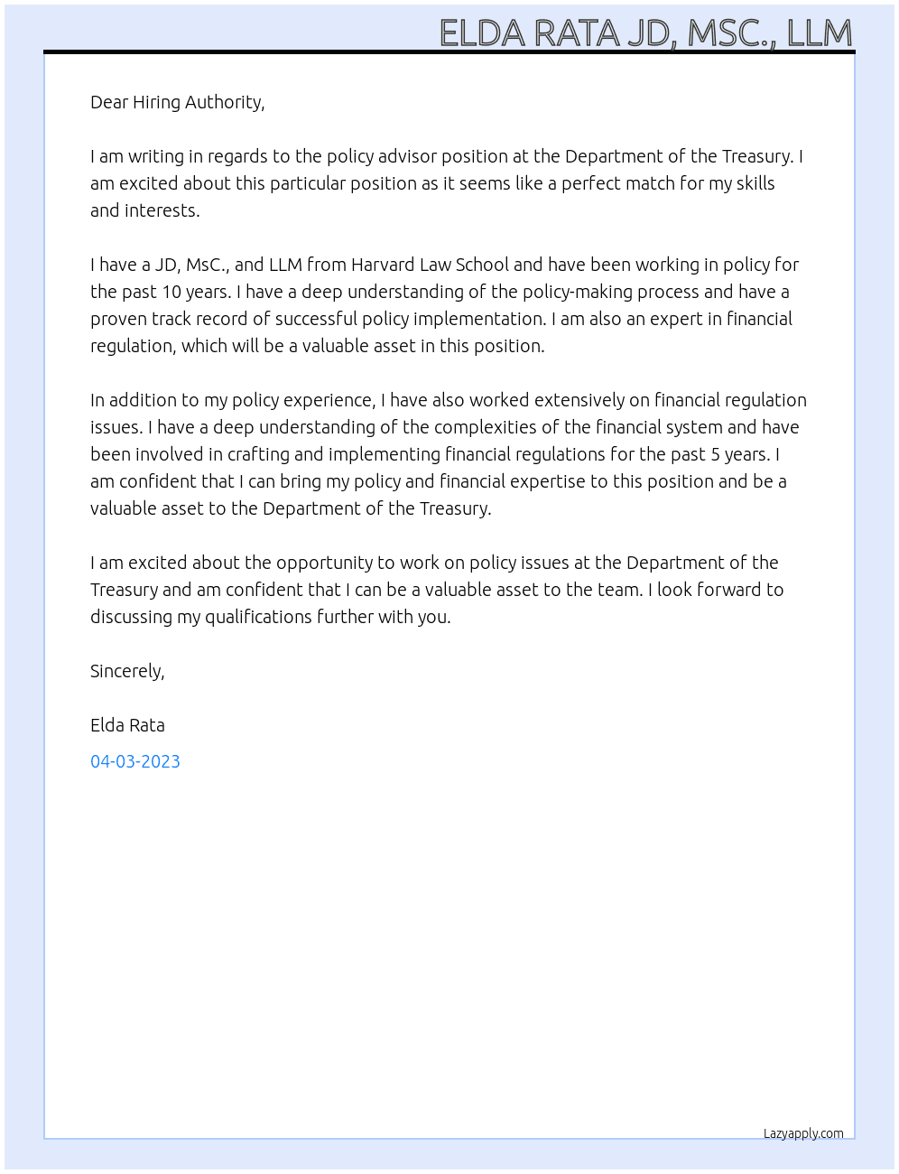 Policy advisor At Department of the Treasury Cover Letter