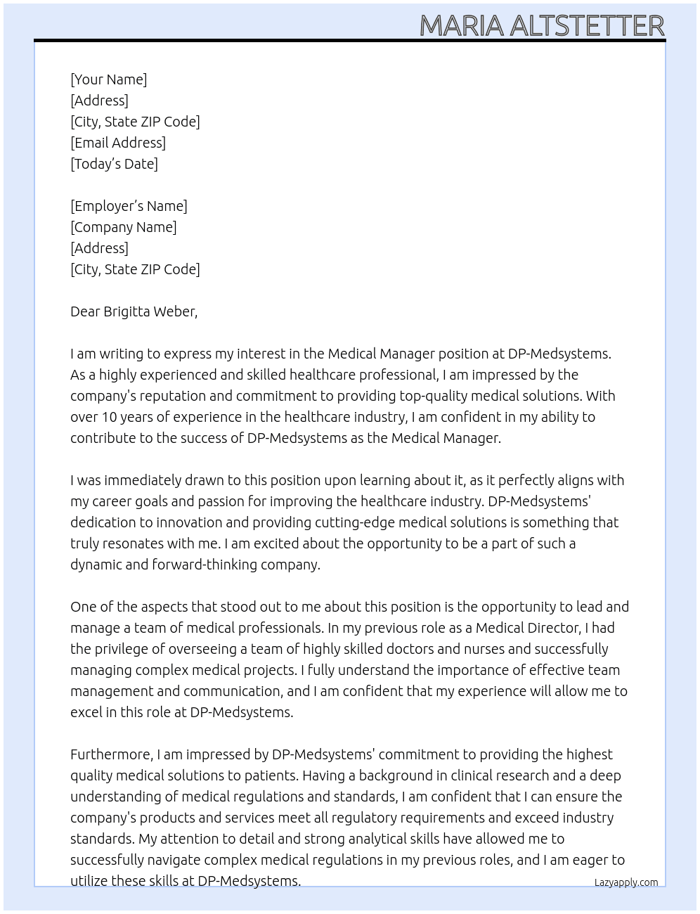 Medical Manager At DP-Medsystems Cover Letter