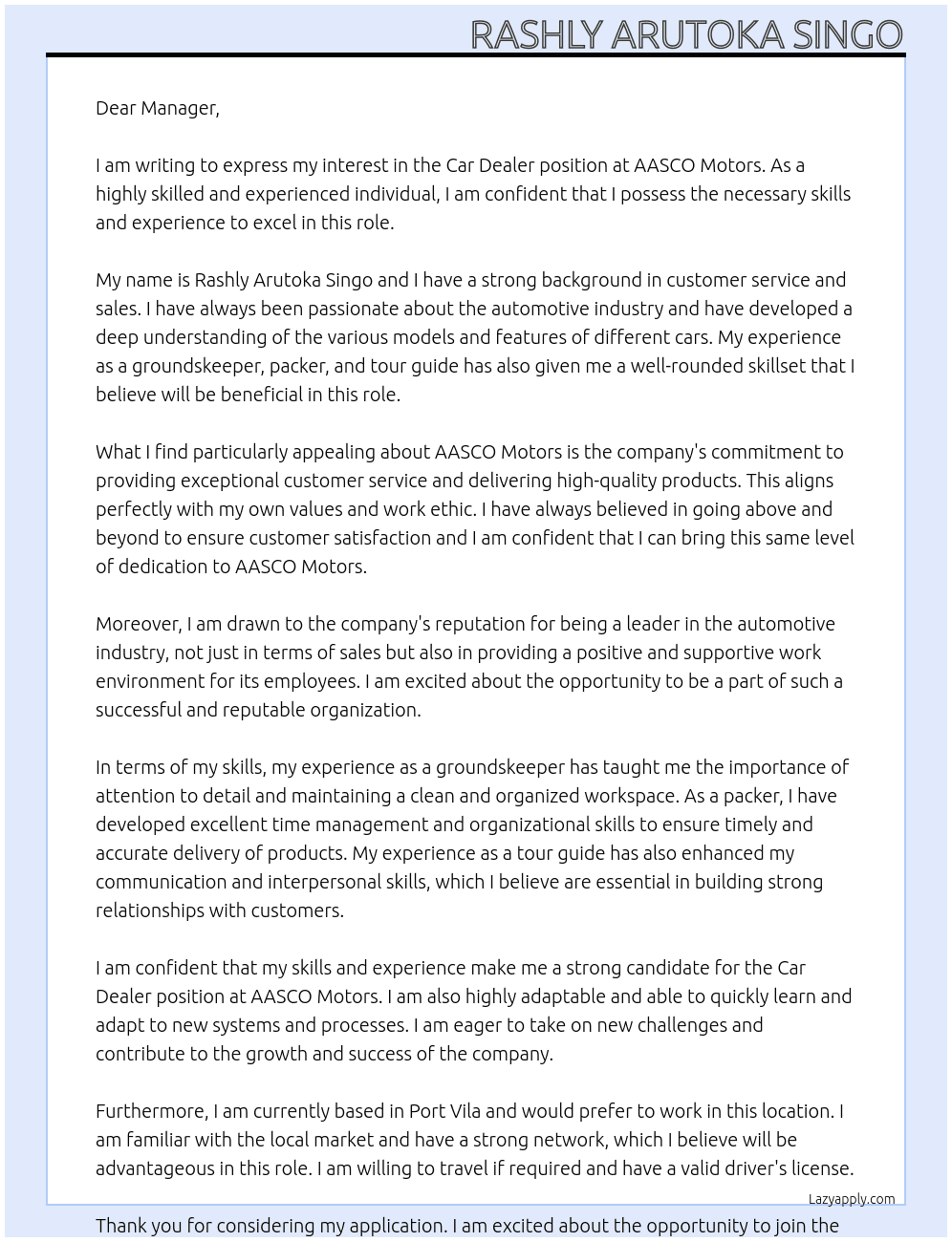 Car Dealer At AASCO Motors Cover Letter