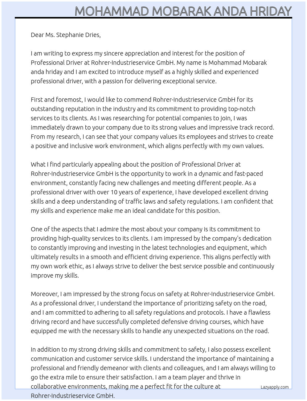 Professional driver At Rohrer-Industrieservice GmbH Cover Letter