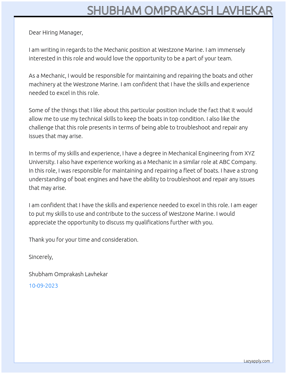  Mechanic  At Westzone marine Cover Letter