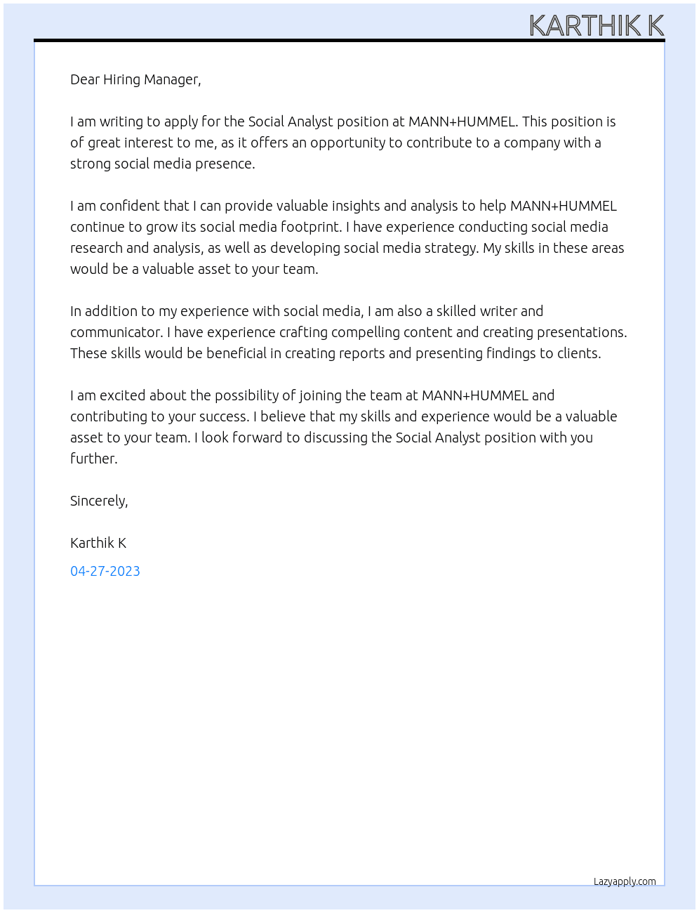 Soc Analyst At MANN+HUMMEL Cover Letter