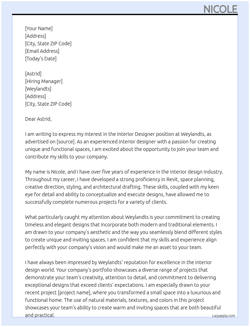 interior designer At weylandts Cover Letter