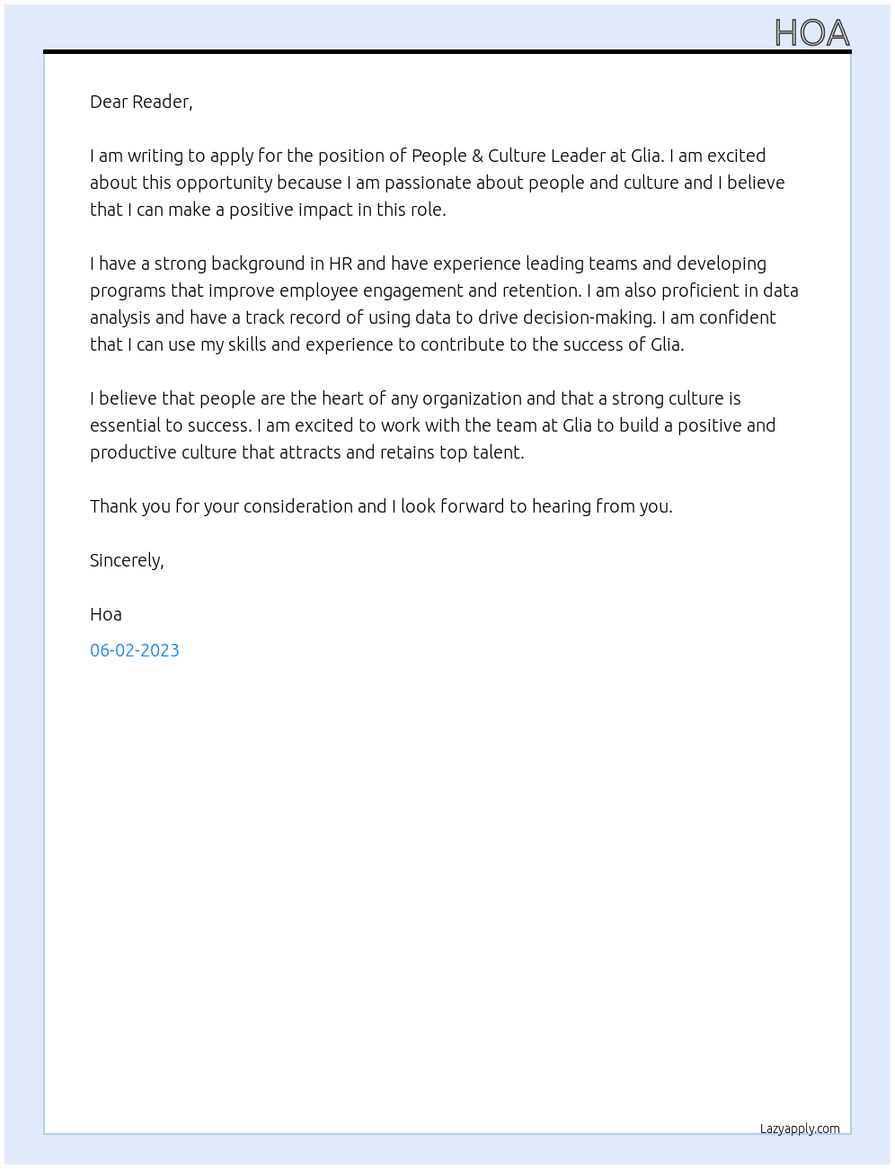 People & Culture Leader At Glia Cover Letter