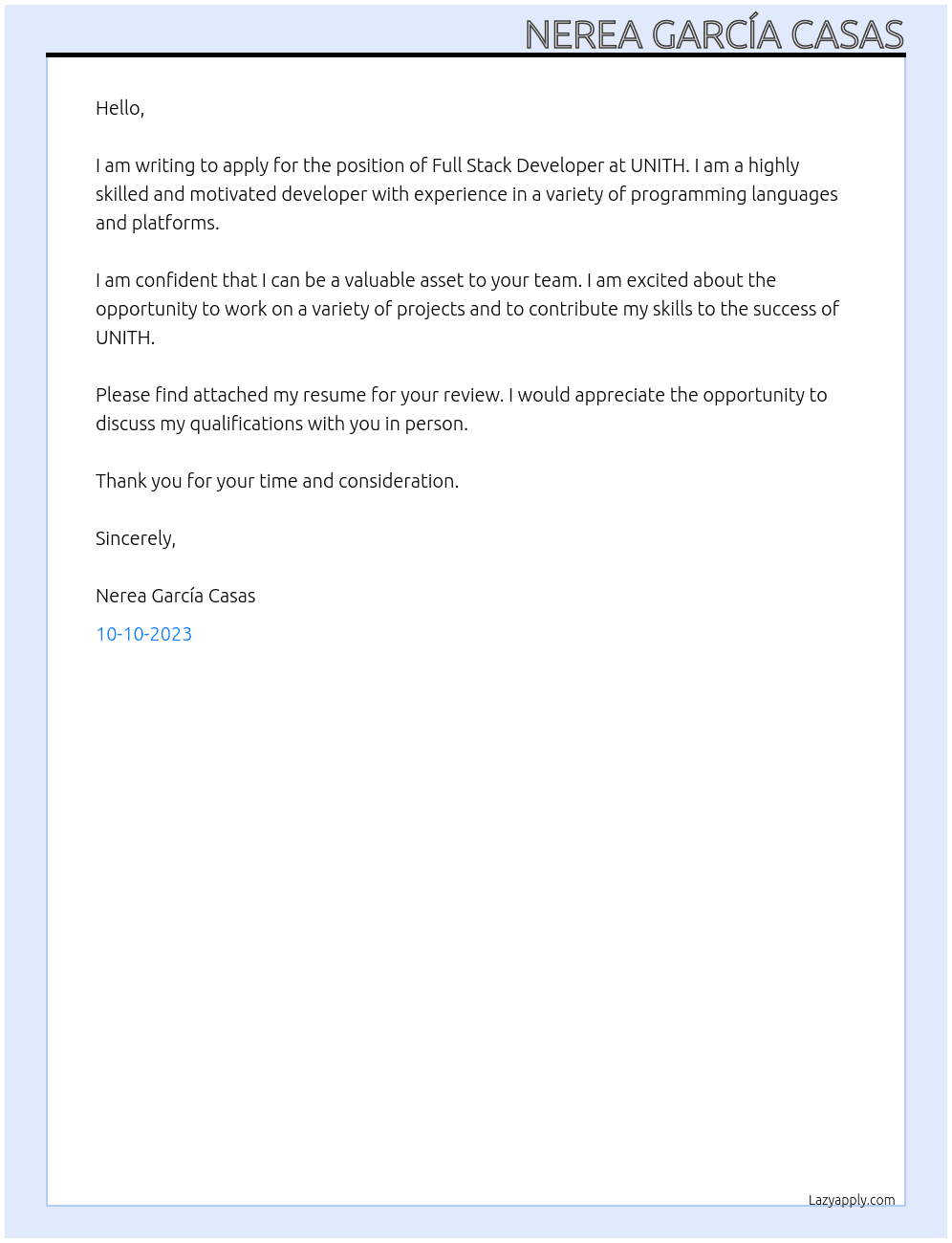 Full Stack Developer At UNITH Cover Letter