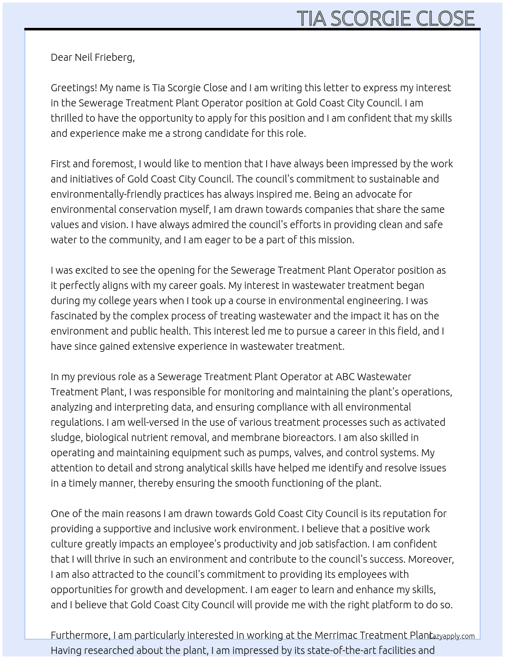 Sewerage Treatment Plant Operator At Gold Coast City Council Cover Letter