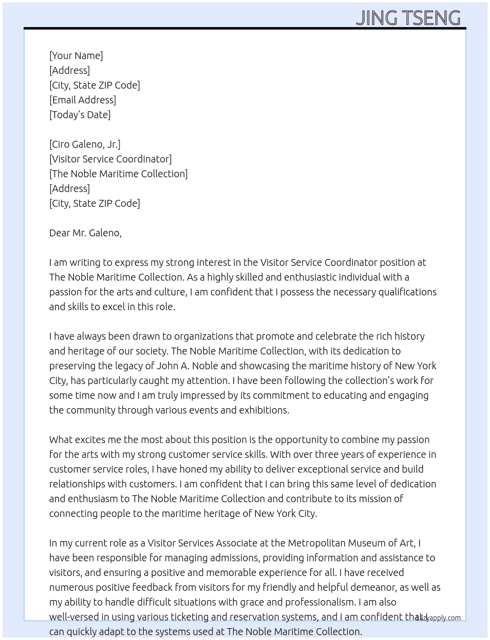 Visitor Service Coordinator  At The Noble Maritime Collection Cover Letter