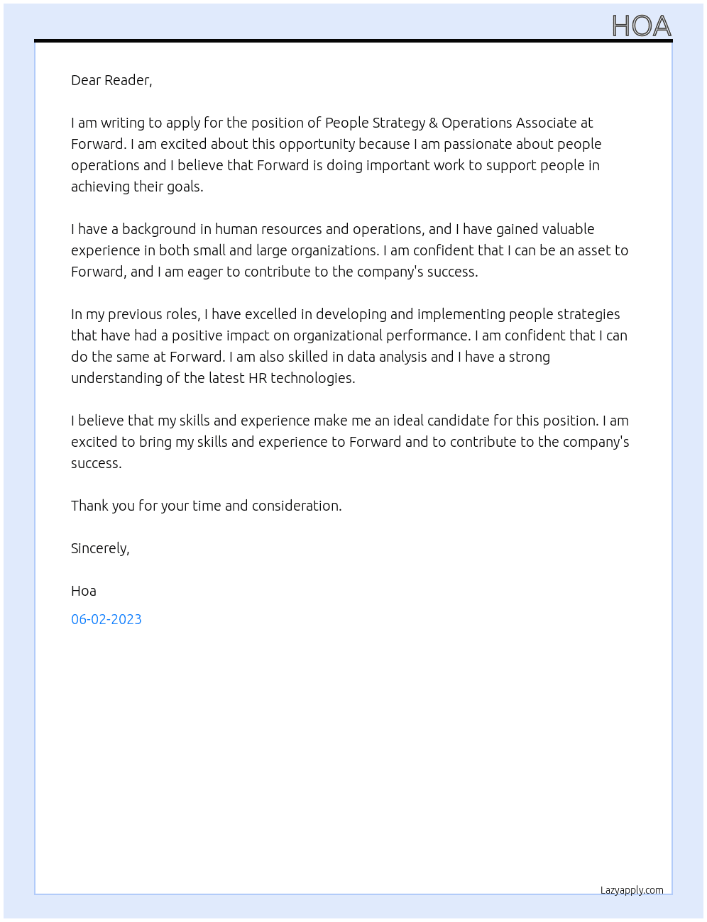 People Strategy & Operations Associate, At Forward Cover Letter