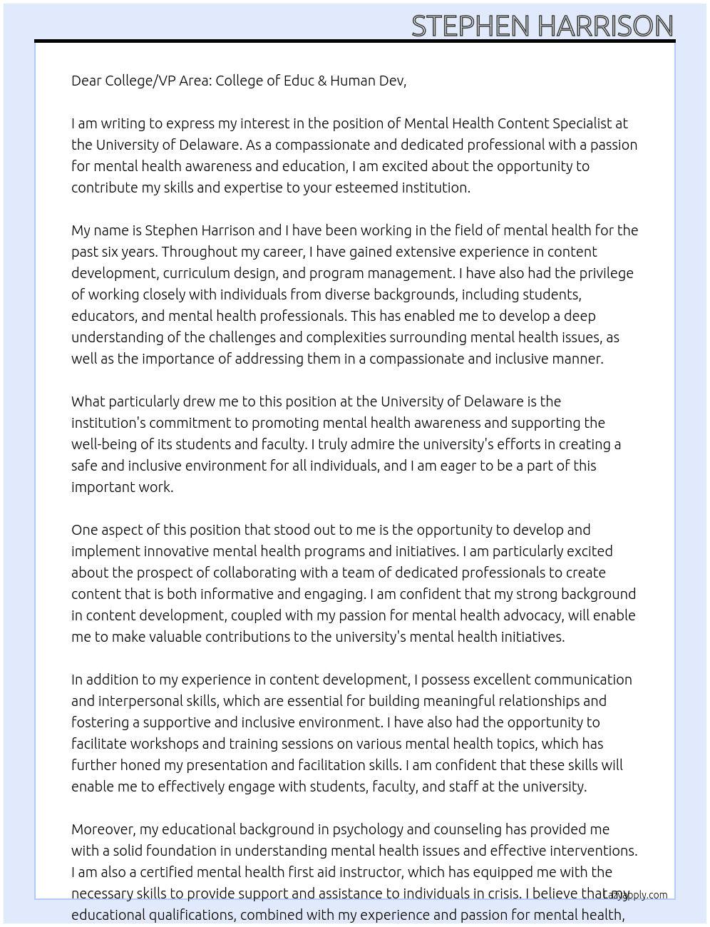 Mental Health Content Specialist At University of Delaware Cover Letter