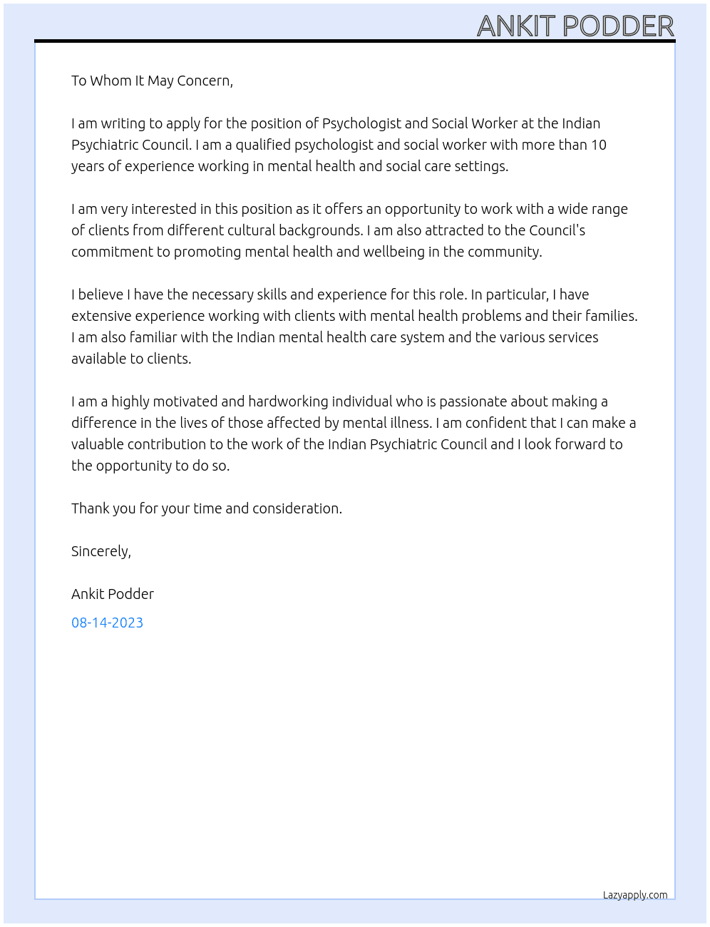 Psychologist and Social Worker  At Indian Psychiatric Council  Cover Letter