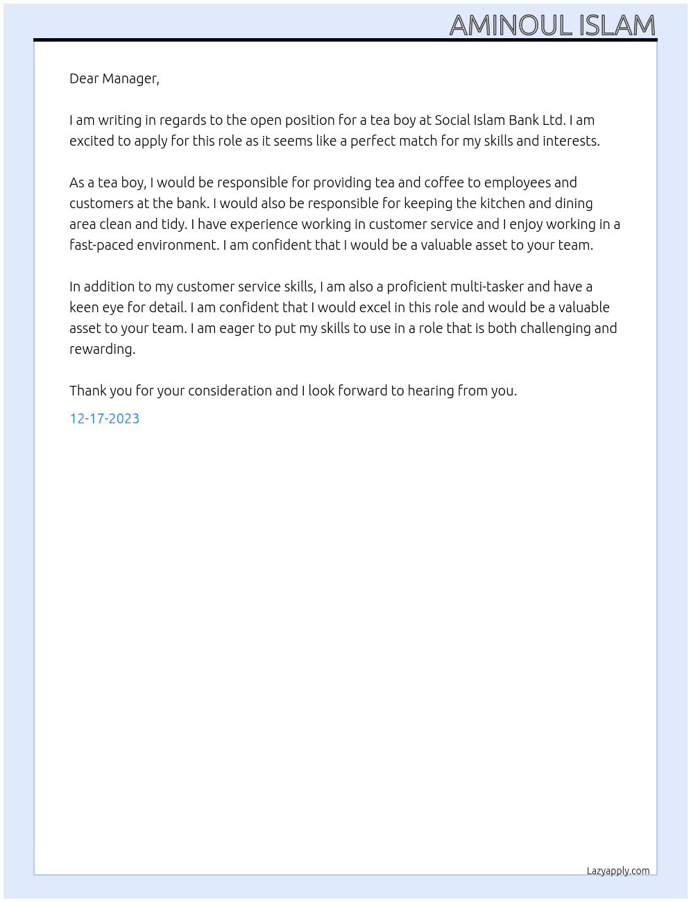 A tea boy At Social Islam Bank Ltd Cover Letter