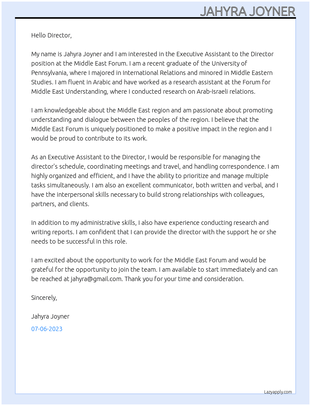 Executive Assistant to the Director At Middle East Forum Cover Letter