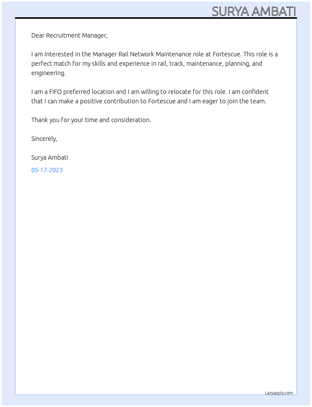 Manager Rail Network Maintenance At Fortescue Cover Letter