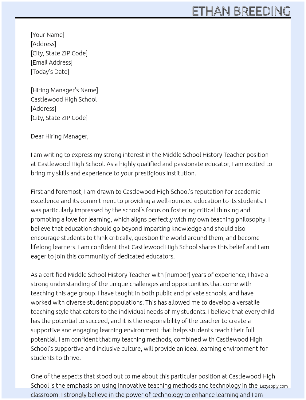 Middle School History Teacher At Castlewood High School  Cover Letter
