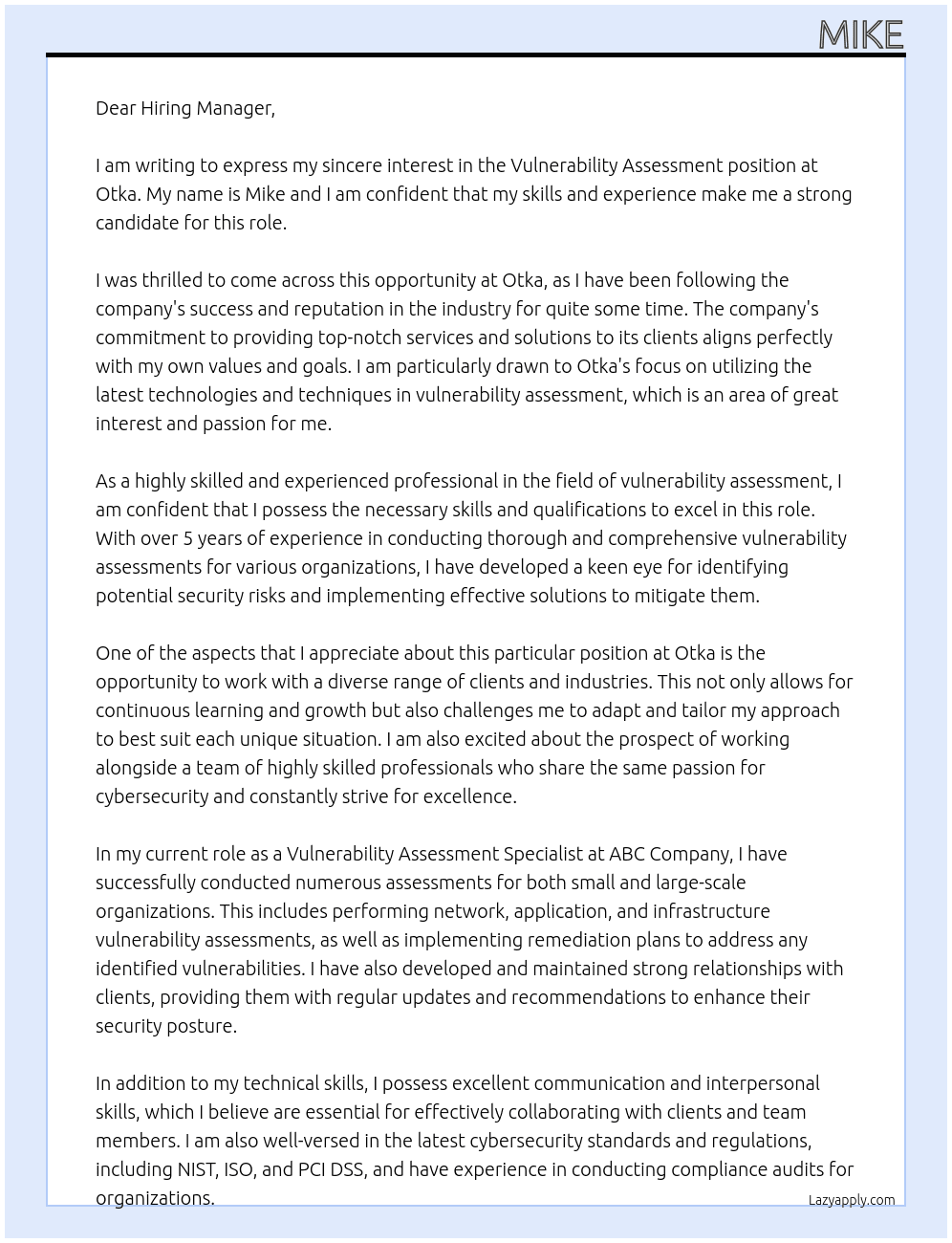 vulnerability assessement At Otka Cover Letter