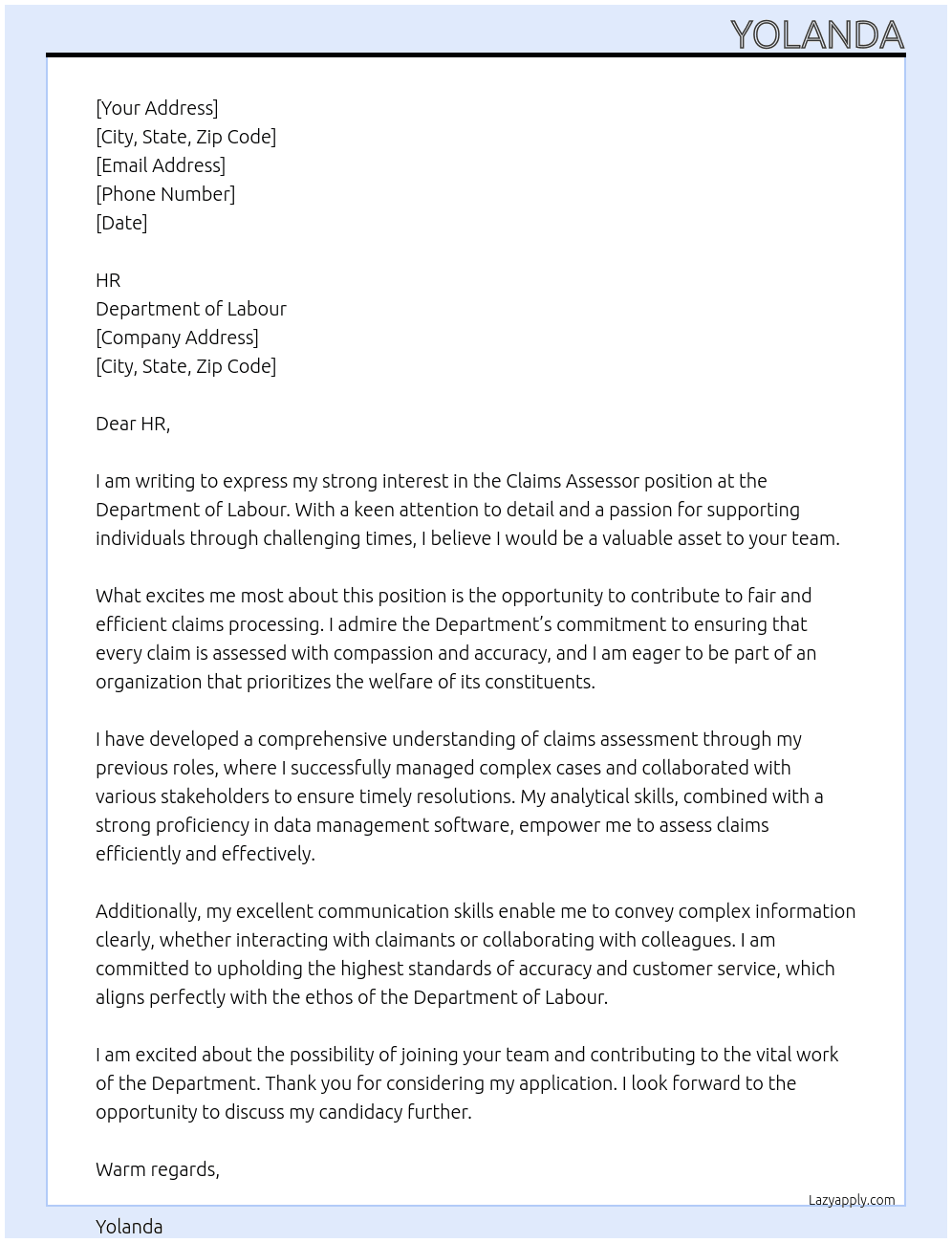 CLAIMS ASSESSOR At DEPARTMENT OF LABOUR Cover Letter