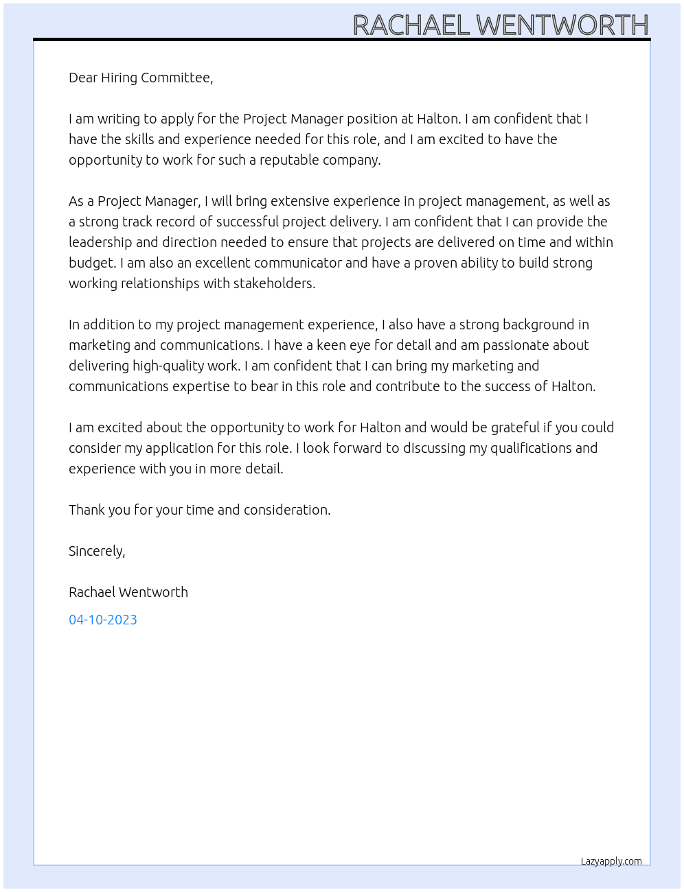 Project Manager At Halton Cover Letter