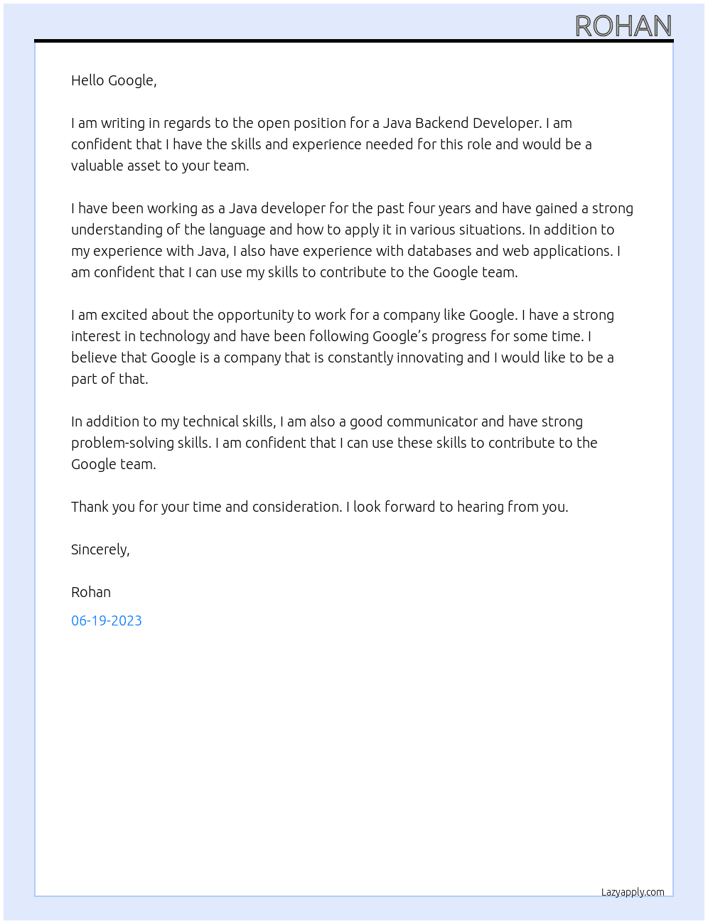Java Backend Developer At google Cover Letter