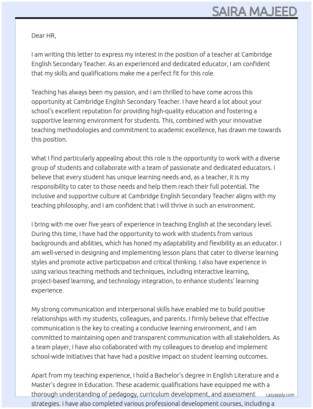 teacher At Cambridge English Secondary Teacher Cover Letter