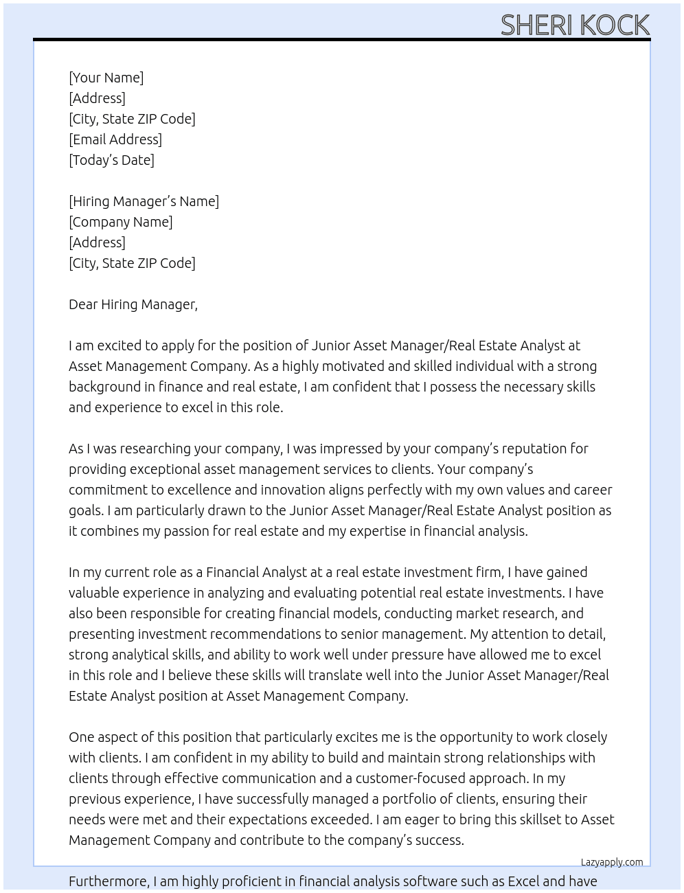 Junior Asset Manager/Real Estate Analyst At Asset Management Company Cover Letter