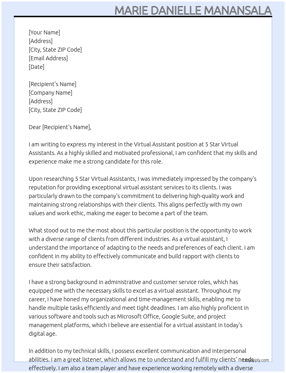 Virtual Assistant  At 5 Star Virtual Assistants  Cover Letter