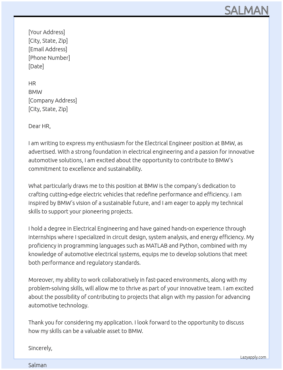 electrical engineer At BMW Cover Letter