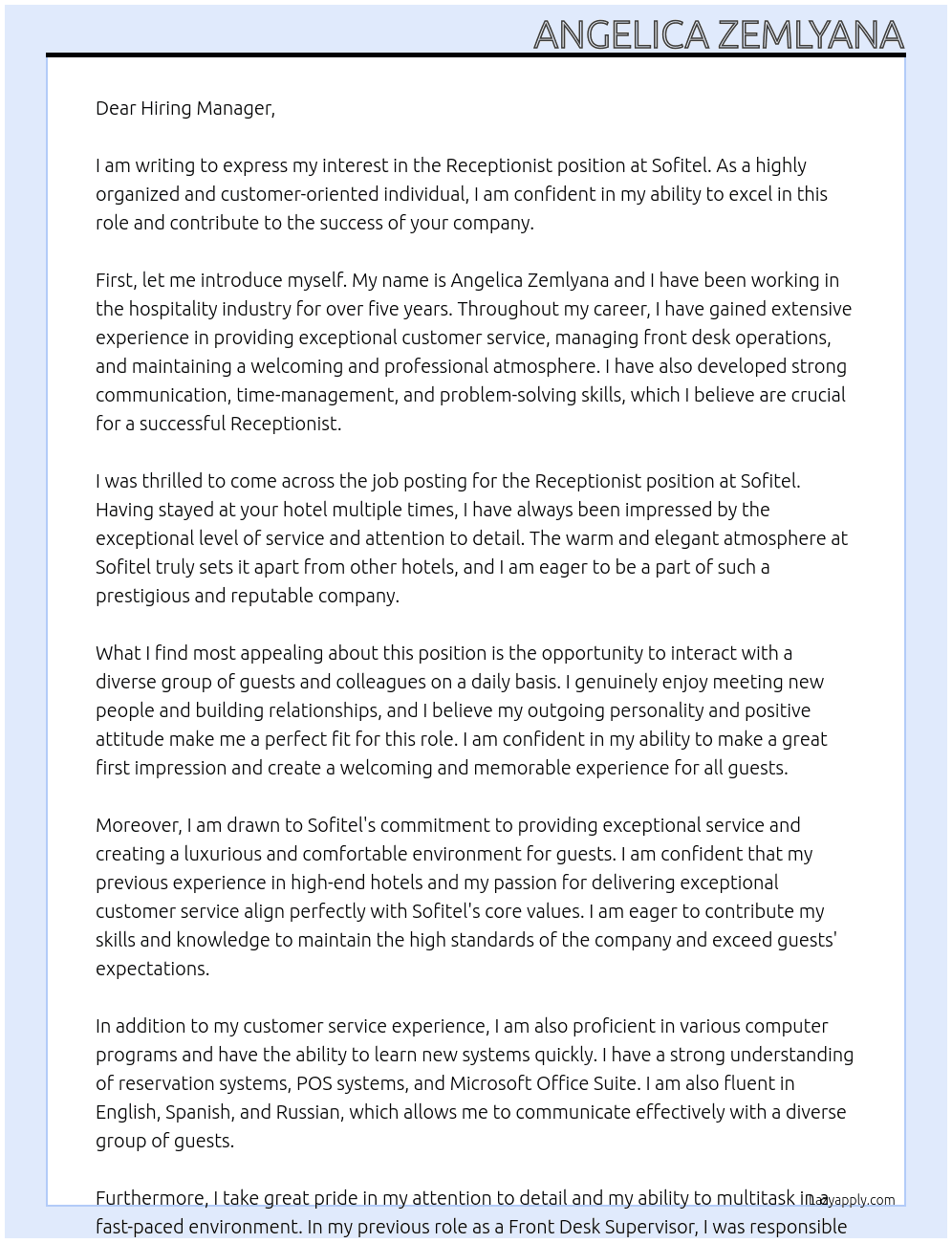 Receptionist At Sofitel Cover Letter