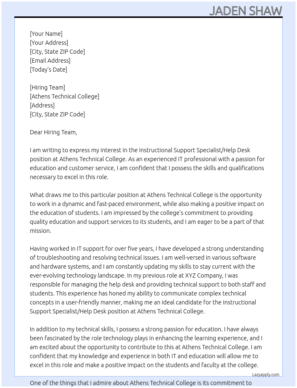 Instructional Support Specialist/Help Desk At Athens Technical College Cover Letter