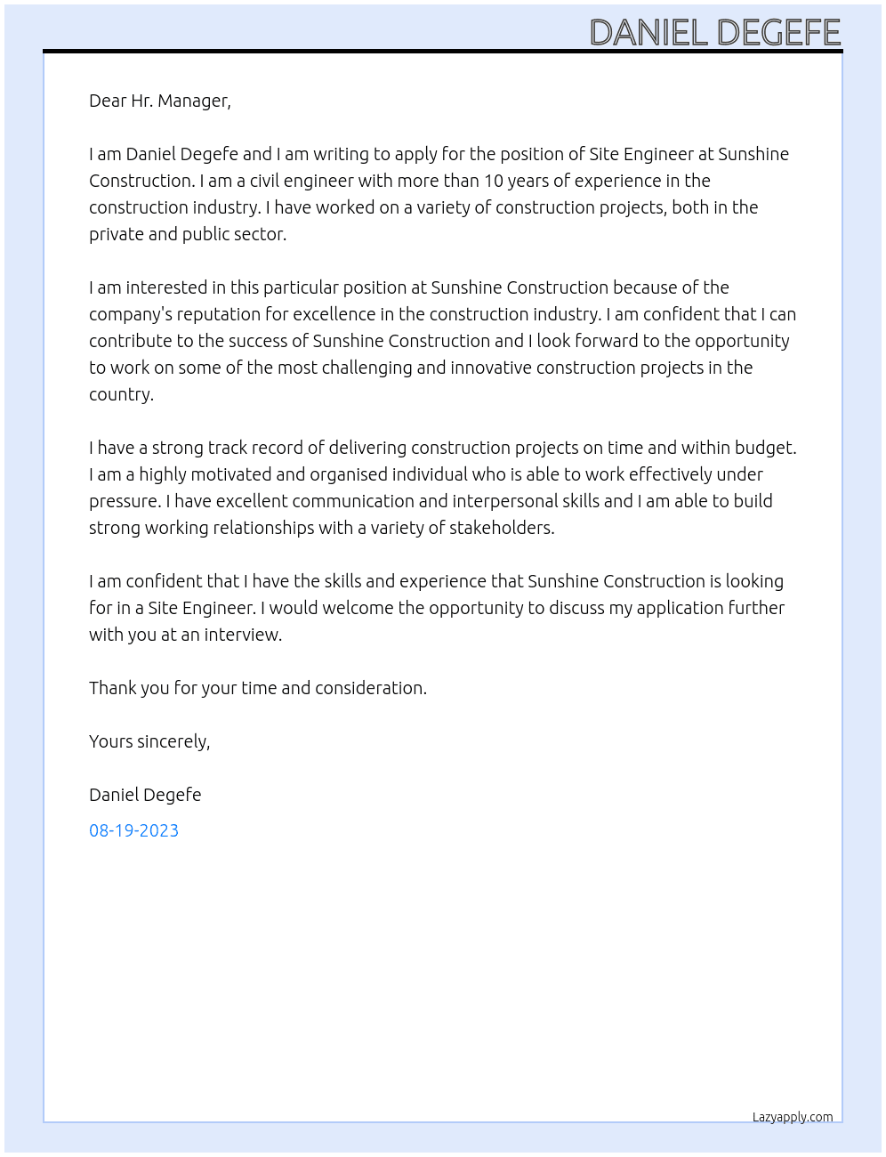 Site Engineer At Sunshine Construction  Cover Letter