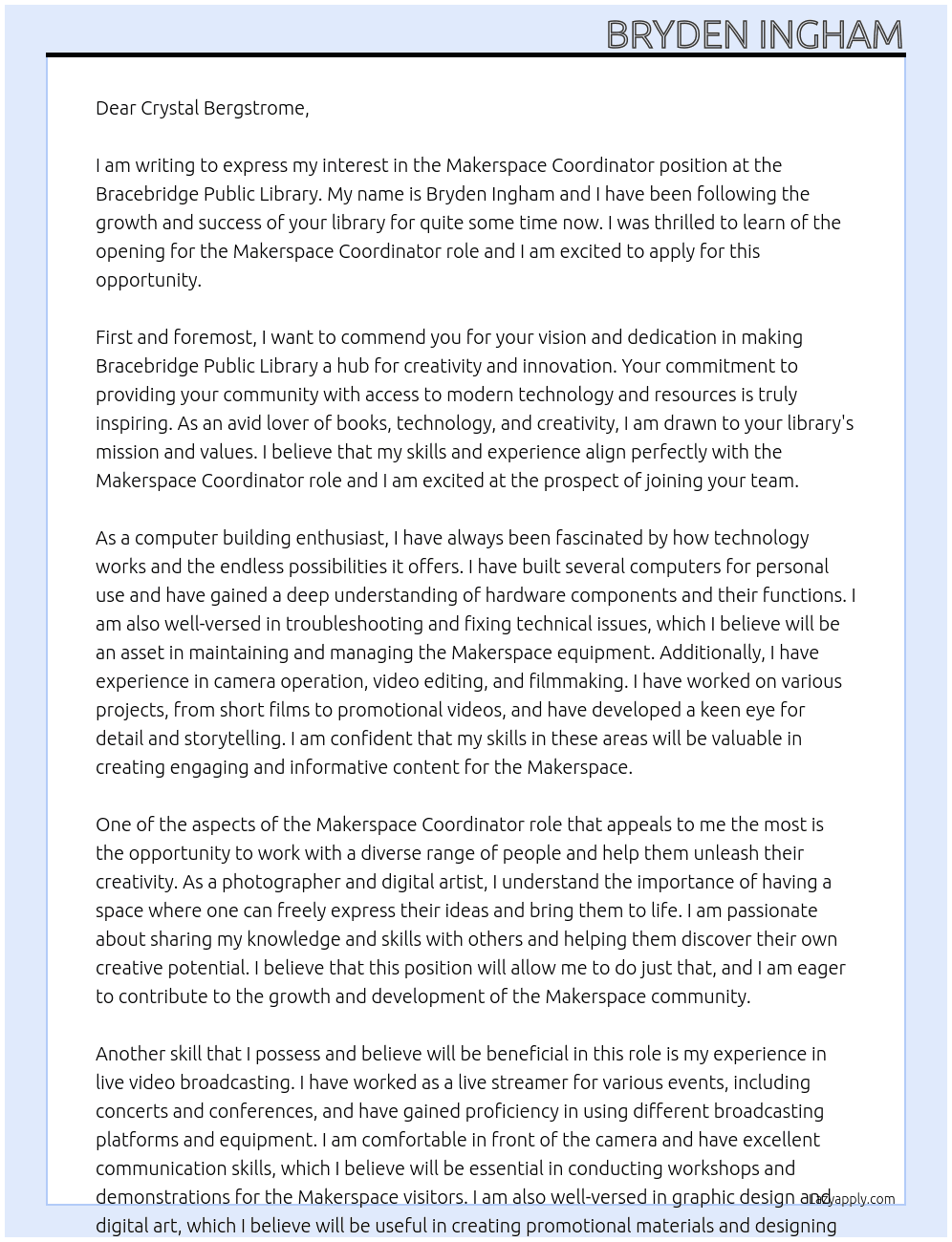 Makerspace Coordinator At Bracebridge Public Library Cover Letter