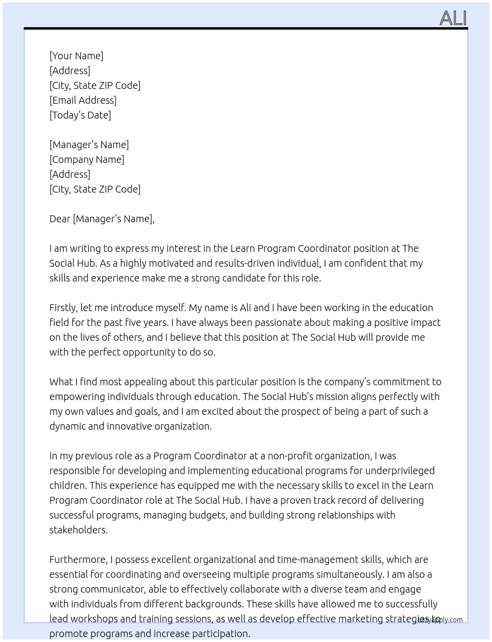 Learn program Coordinator At The social Hub Cover Letter