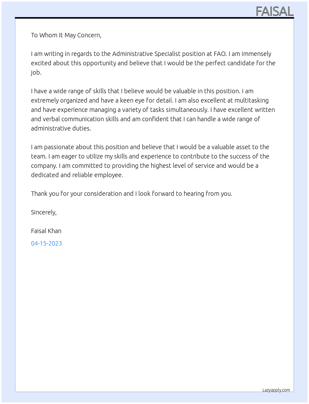 Administrative Specialist At fao Cover Letter