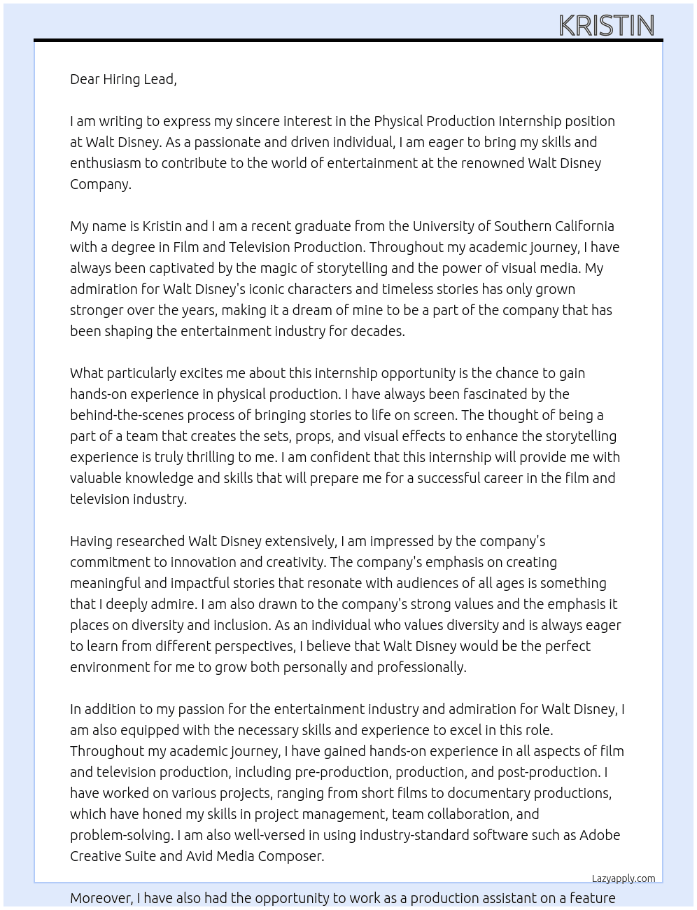 physical production internship At Walt Disney Cover Letter