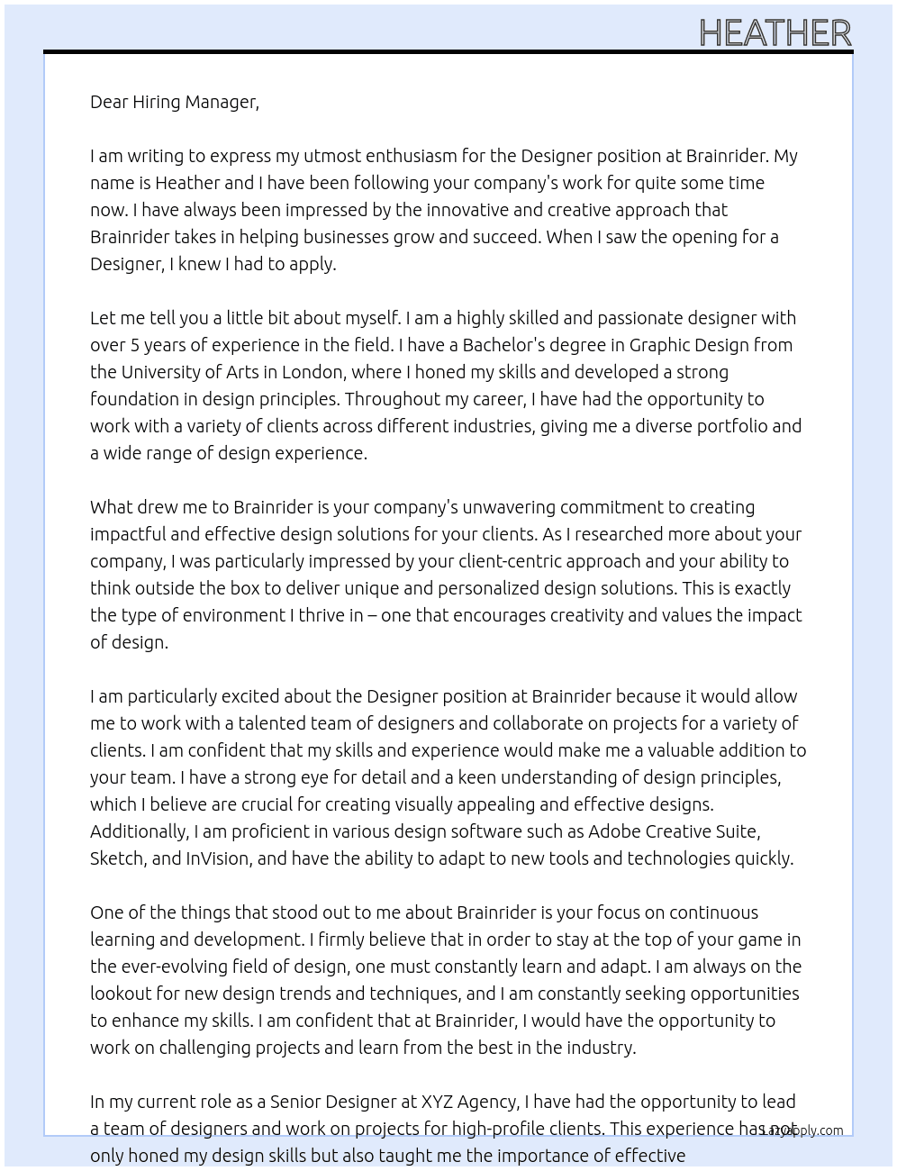 Designer At Brainrider Cover Letter