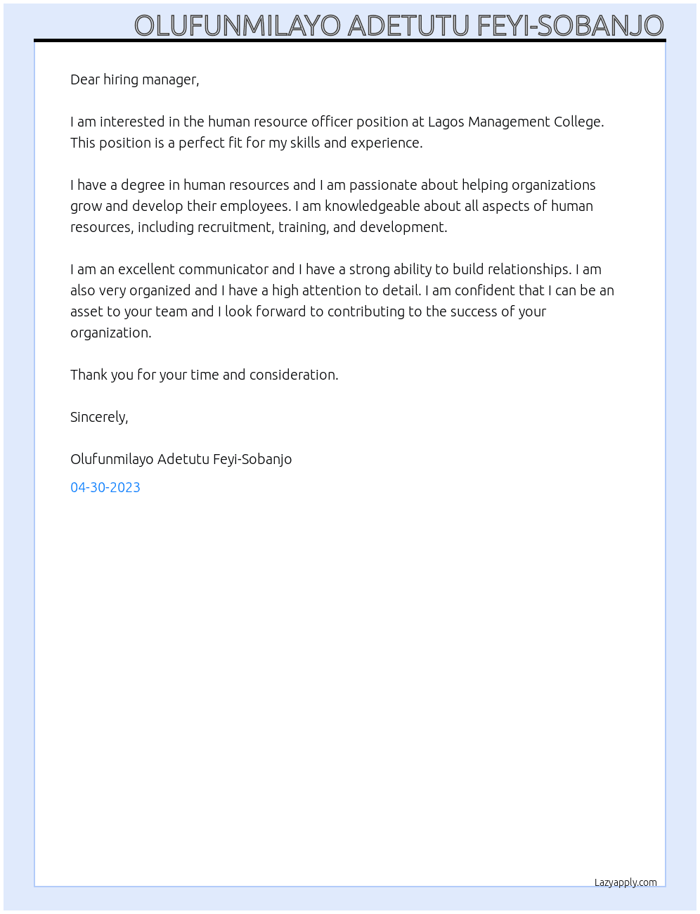 Human Resource Officer At Lagos Management College Cover Letter