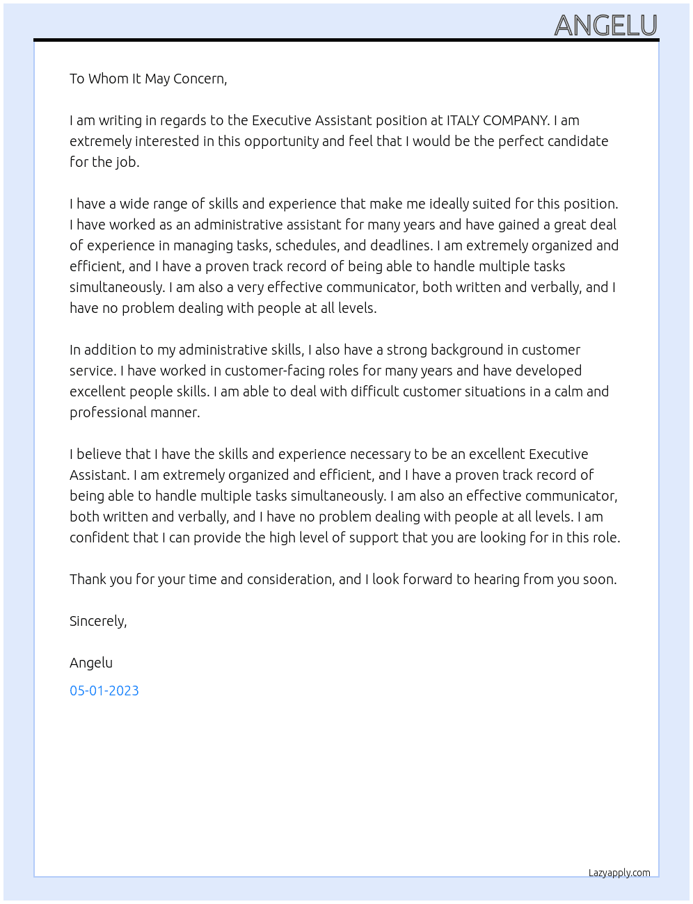 Executive Assistant At ITALY COMPANY Cover Letter