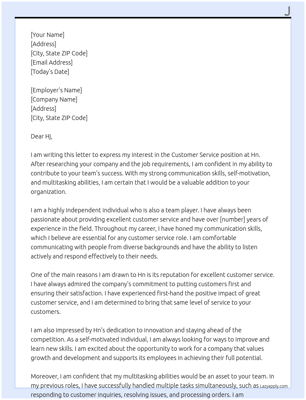 Customer service  At Hn Cover Letter