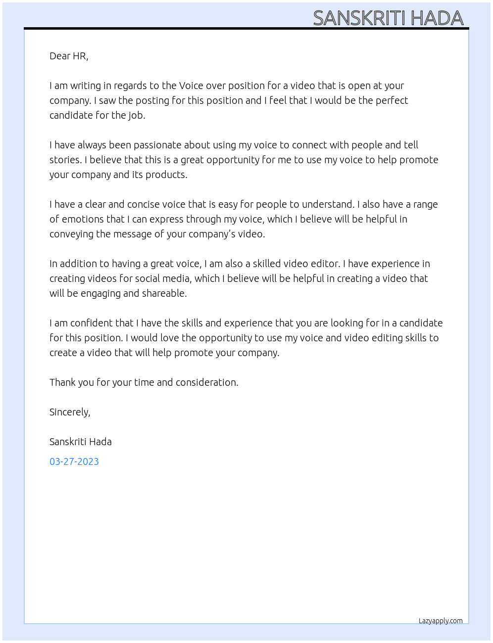 Voice over for a video At China based Cover Letter