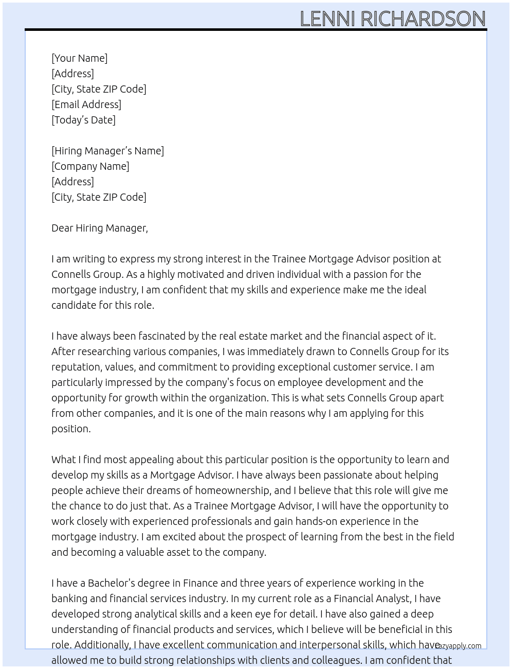 Trainee Mortgage Advisor At Connells Group Cover Letter