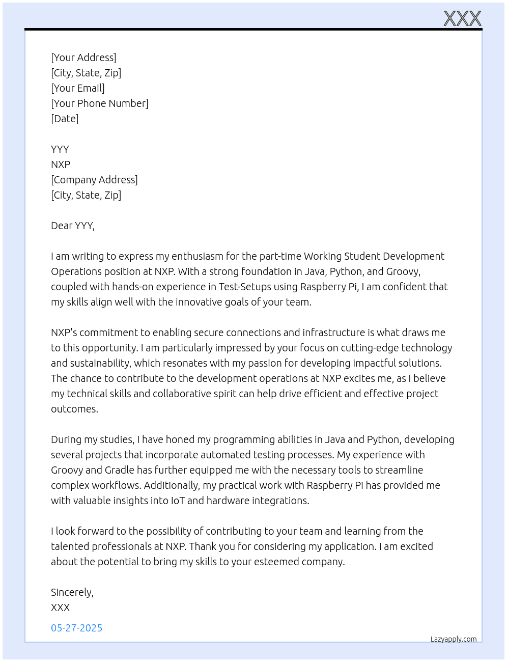 working student development operations At NXP Cover Letter