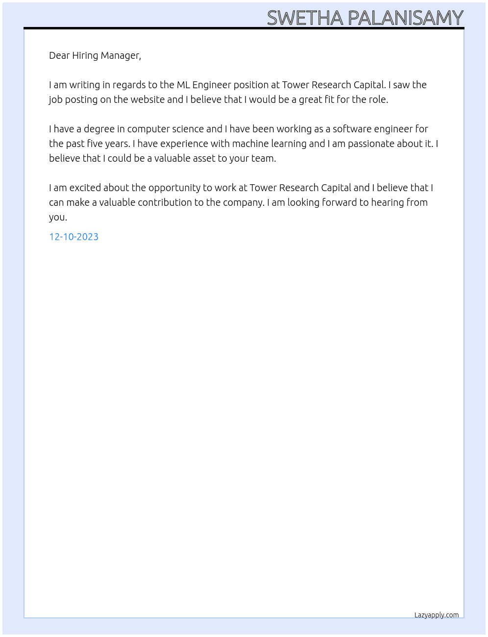 ml engineer At Tower research capital Cover Letter