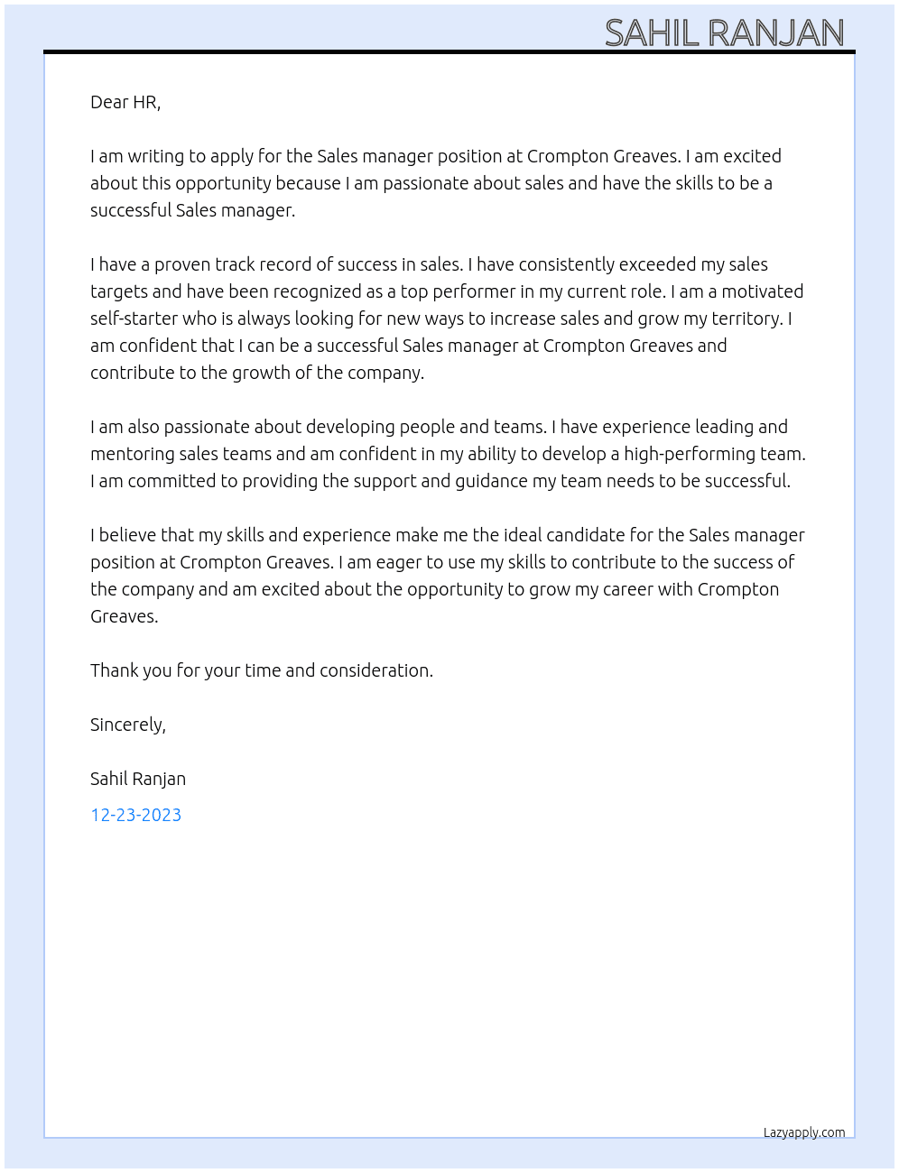 Sales manager At Crompton greaves Cover Letter